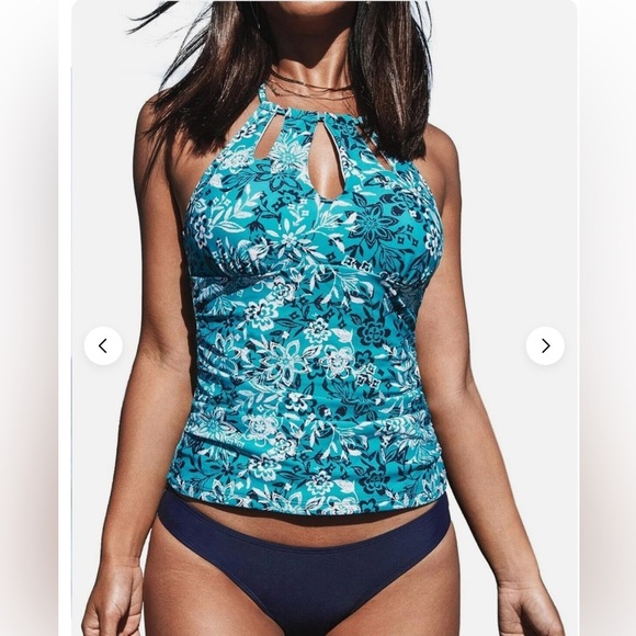 swimwear Other - Cupshe Women's Halter Tankini Navy‎ Blue Floral Swimsuit NWT Size L
